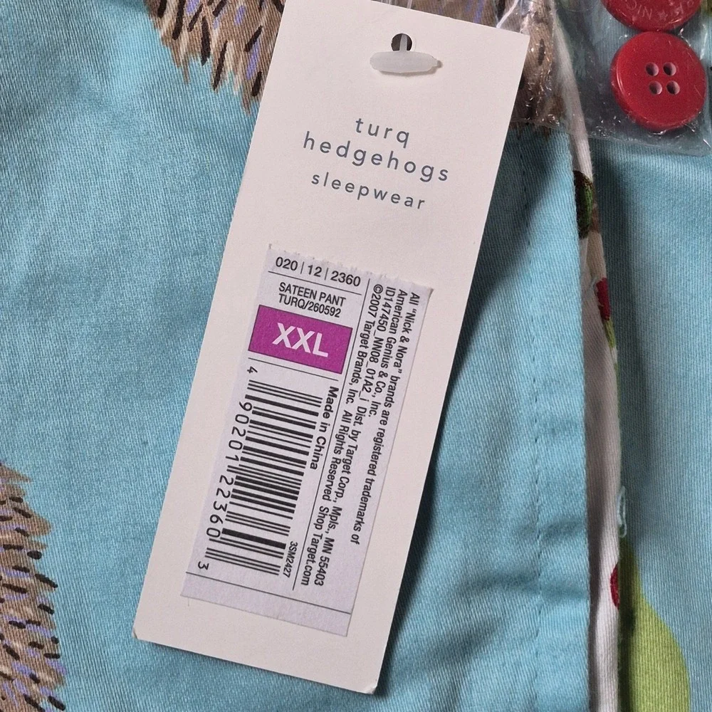 Nick & Nora Women's XXL Hedgehog Apple Pajama Pants Turq Cotton Sleepwear NWT